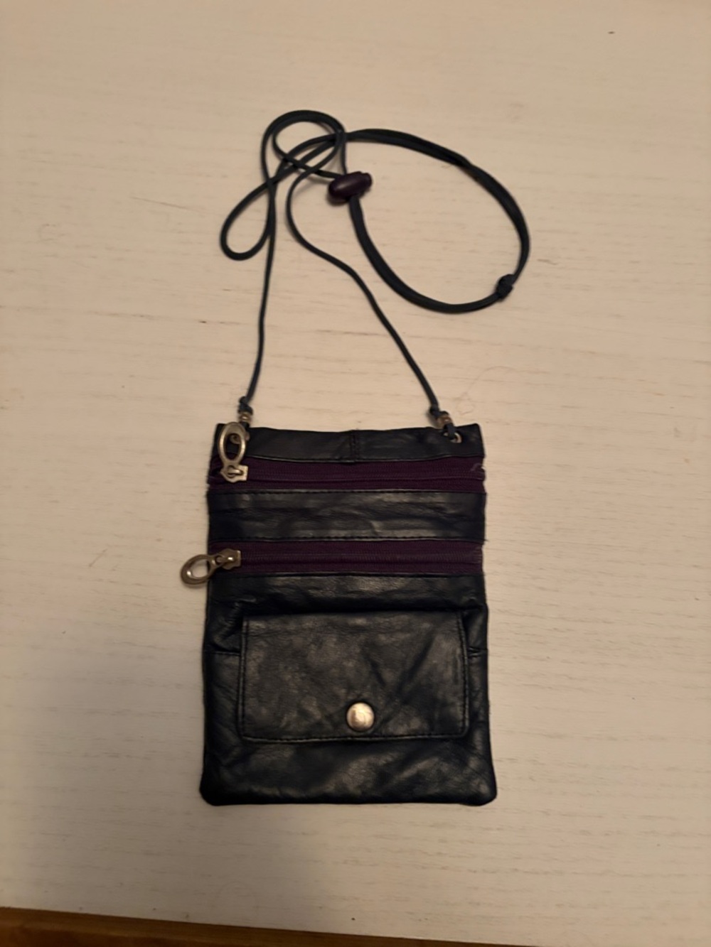 Source Unknown Black Crossbody Pouch with Purple Zippers